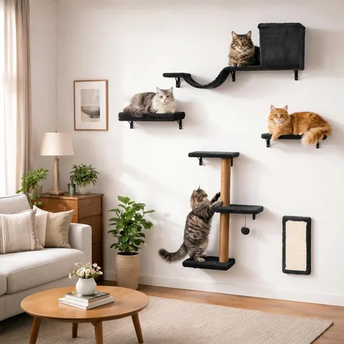 Estantes de pared 5 en 1 para gatos de interior, muebles de gato montados en la pared con cama, cueva, poste rascador y perca, pared de escalada