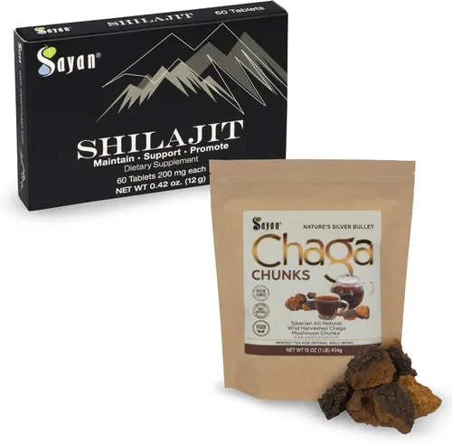 Sayan Paquete de bienestar natural, trozos de hongos chaga siberianos y tabletas minerales de resina negra Shilajit orgánica pura, apoyo