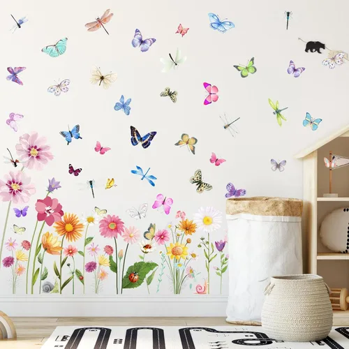 Miniatura 6 de 80 calcomanías de pared con diseño de flores, mariposas, crisantemos, libélulas, flores, despegar y pegar, arte removible de PVC para jardín