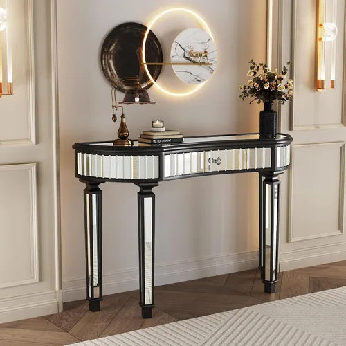Miniatura 9 de Mesa consola de media luna de 47 pulgadas con cajón de cristal estriado y perilla de cristal, escritorio plateado para entrada, dormitorio, vestidor