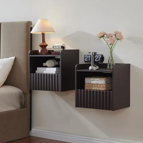 BuildHom Moderna mesita de noche flotante acanalada montada en la pared, juego de 2 mesitas de noche con cajón de almacenamiento y estante de
