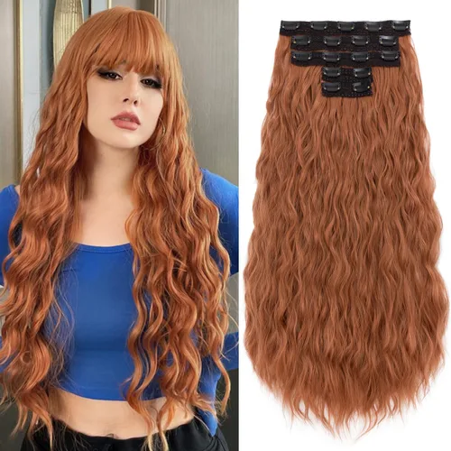 Miniatura 12 de S-noilite Extensiones de cabello sintético con clip de 24 pulgadas, 5 unidades, ondas sueltas, extensiones de cabello sintético grueso y natural