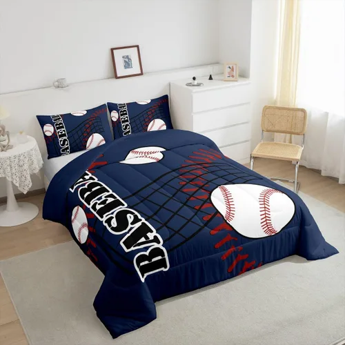 Miniatura 4 de jejeloiu Juego de edredón de béisbol para niños, tamaño individual, juego de ropa de cama de béisbol azul para niños, juego de ropa de cama