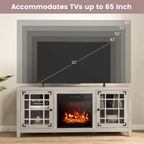 Miniatura 6 de Tangkula - Soporte para TV con chimenea para televisor de 65 pulgadas, consola de TV de 58 pulgadas con chimenea eléctrica de 1400W, estantes Natural