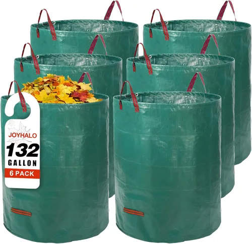 Joyhalo Bolsas de basura reutilizables para patio, 132 galones, paquete de 6, resistentes con guantes de jardinería y 4 asas, soportables, camping y