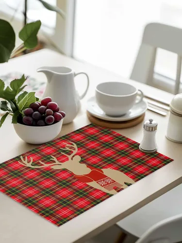 Miniatura 9 de Juego de 4 manteles individuales de reno de Navidad para mesa de comedor, alce de Navidad con bufanda, a cuadros de búfalo rojo, verde, duradero