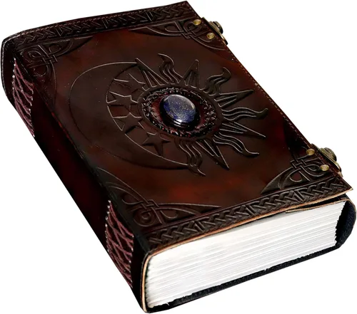 Diario de cuero C Leather con relieve de sol y luna y hermosa piedra azul, cuaderno, planificador, organizador, libro de bocetos, libro en blanco
