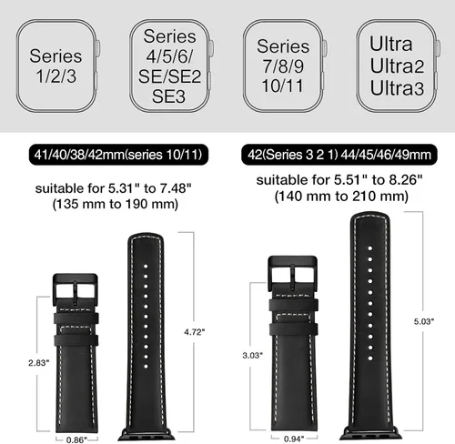 Miniatura 5 de SUNFWR Correas de cuero compatibles con Apple Watch de 1.61, 1.57, 1.5 pulgadas para hombres y mujeres, correa de repuesto de cuero genuino de grano