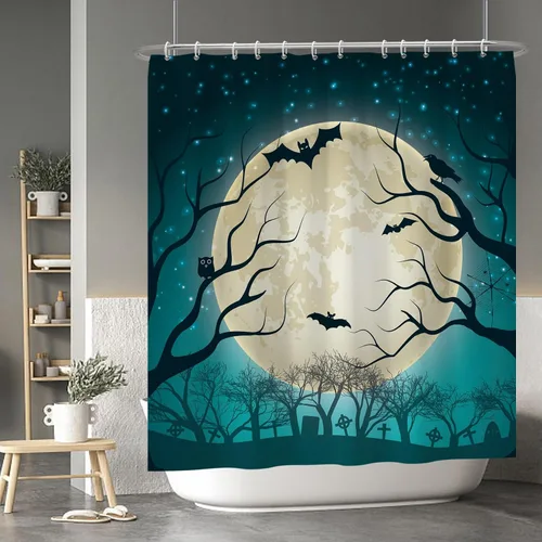 Miniatura 94 de Cortina de ducha de fantasma y gato negro para niños, 36 x 72 pulgadas, espeluznante y bonita, cortina de baño de Halloween con 6 ganchos, cortina