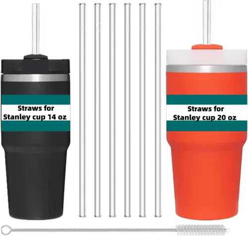 Miniatura 12 de Paquete de 4 popotes de repuesto Tritan para vaso Stanley de 20 onzas y 14 onzas, 8.46 pulgadas de largo, sin BPA, reutilizables, con cepillo
