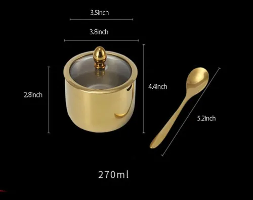 Miniatura 2 de Tazón de Azúcar de Acero Inoxidable Dorado con Tapa, Cuchara, Frasco para Especias, Juego de Condimentos dorado ((gold-c)