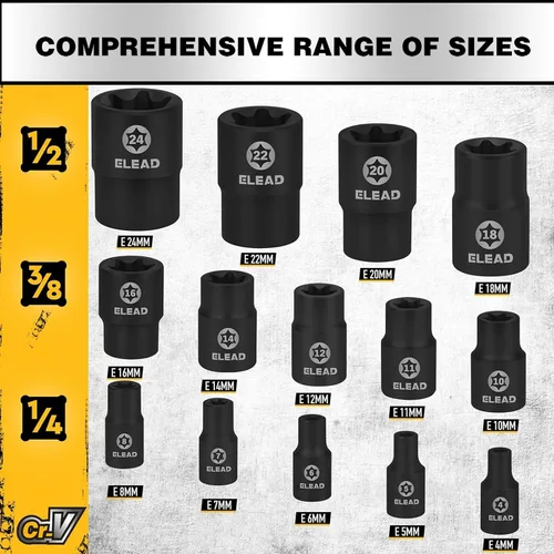 Miniatura 2 de Juego de llaves de vaso E-Torx invertidas de 17 piezas, acero Cr-V de impacto prémium E4 - E24 Star hembra para llave de impacto 1/2 3/8 1/4 Kit