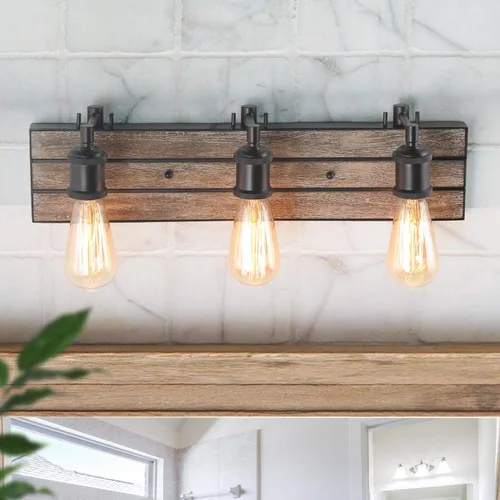 Miniatura 9 de LOG BARN Lámparas de baño de granja, 2 luces de tocador para baño, 13.8 pulgadas de madera sintética rústica, luces de iluminación sobre espejo