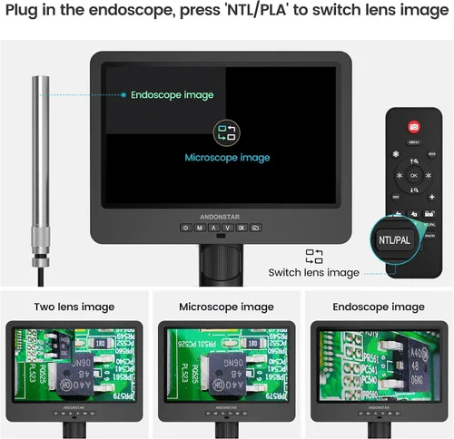 Miniatura 5 de Andonstar AD249S-M Microscopio digital HDMI de 3 lentes 2000x con endoscopio, grabación de video UHD 2160P LCD de 10.1 pulgadas, microscopio