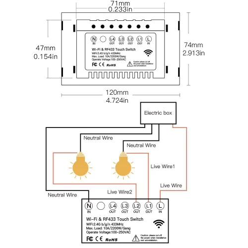 Miniatura 6 de Interruptor inteligente MOES táctil de pared, WiFi de 2.4 GHz con cable neutro requerido, control múltiple de 3 vías, panel de vidrio. Funciona