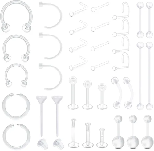 37 piezas de retenedores de piercing transparentes para el trabajo, anillos de nariz de plástico bioflex, tachuelas, anillos para el vientre,