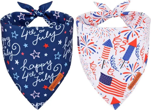 ADOGGYGO Bandana para perro con bandera americana, bufanda para mascotas del 4 de julio en blanco y azul, tela duradera premium, ajustable, bandanas