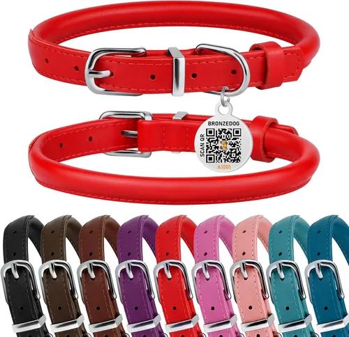 Miniatura 10 de BRONZEDOG Collar de perro de cuero enrollado para perros pequeños, medianos y grandes con etiqueta de identificación QR (ciruela, XS: 9-11 pulgadas)