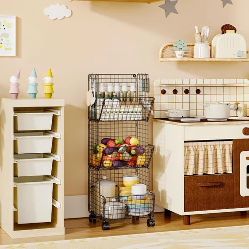 Miniatura 8 de Sonyabecca Cesta de Almacenamiento de Juguetes para Exteriores, Organizador de Cocina de Juego con 5 Ganchos en S, Carrito de Almacenamiento Rodante