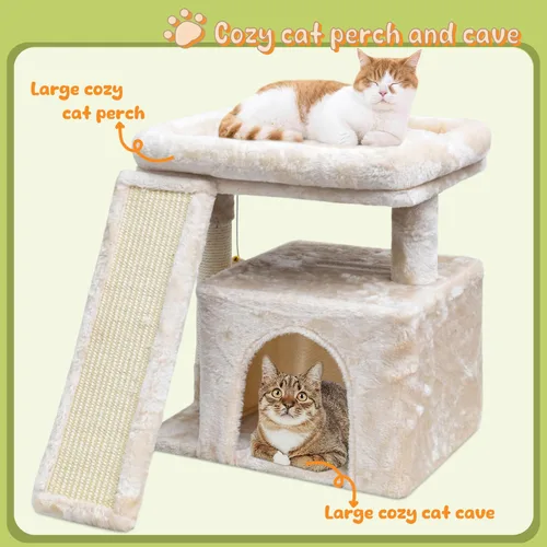 Miniatura 2 de Árbol pequeño para gatos de interior, torre para gatos con poste para arañar, percha y acogedor condominio para gatitos y mascotas adultas (beige)