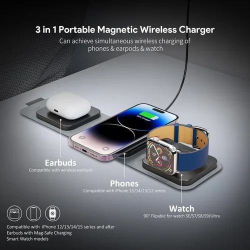 Miniatura 8 de Cargador de viaje inalámbrico 3 en 1 para iPhone, Airpods, Apple Watch - 15 W, 5 W, 2.5 W, para reloj de teléfono inteligente, compacto, plegable