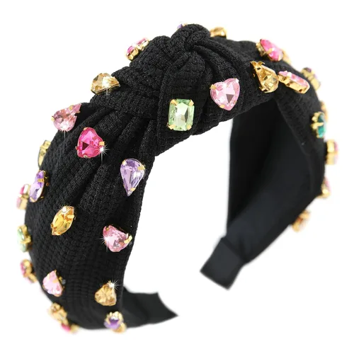 Diadema anudada con joyas para mujeres y niñas, diadema de diamantes de imitación de cristal brillante, nudo superior ancho para mujer, diadema Negro