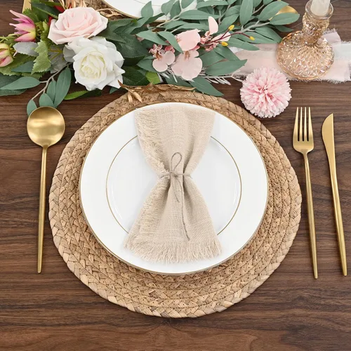 Miniatura 7 de Paquete de 12 servilletas de lino y algodón beige de 16 x 16 pulgadas, hechas a mano con flecos, servilletas de tela suave, lavables y rústicas