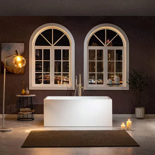 Miniatura 15 de WOODBRIDGE Bañera de acrílico independiente de 67 pulgadas, bañera blanca de remojo contemporáneo con desbordamiento y drenaje de oro cepillado