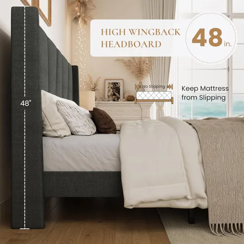 Miniatura 5 de SHA CERLIN Base de cama tamaño Queen con cabecera geométrica con respaldo de ala, plataforma tapizada con soporte de listones de madera, espacio Gris