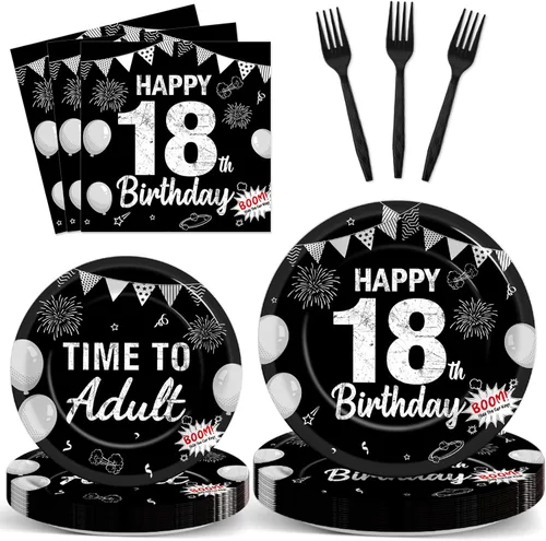 Miniatura 56 de Juego de 96 piezas de platos de papel, servilletas y tenedores para fiesta de cumpleaños número 16 para fiesta negra de dulces 16 años, platos