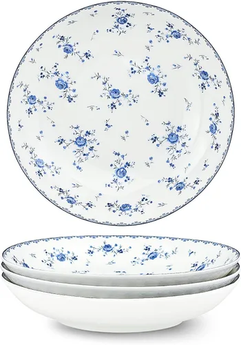fanquare Juego de 4 cuencos de ensalada de porcelana de 8 pulgadas, platos florales redondos para sopa, pasta, postre, fruta