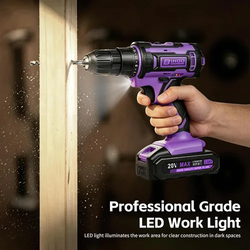 Miniatura 7 de Purple 20V Cordless Drill Electric Drill set, Electric Screwdriver with 2 Batteries & Charger, 3/8" Keyless Chuck, 25+1 Torque 2-Speed Hammer Drill