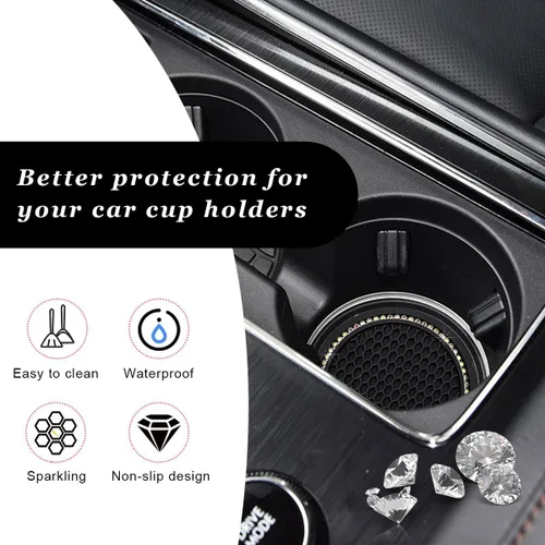 Miniatura 6 de Ziciner Paquete de 4 posavasos brillantes para automóvil, portavasos de goma suave con cristal, tapete antideslizante con diamantes de imitación