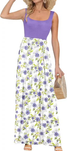 Miniatura 7 de AUSELILY Vestido largo con cuello cuadrado para mujer, sin mangas, floral, holgado, con bolsillos