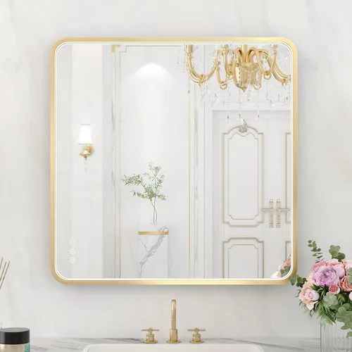 Miniatura 49 de Espejo de baño LED de 24x32 pulgadas con luces, espejo LED con marco de metal negro para baño, 3 colores y luz regulable sin escalones montada