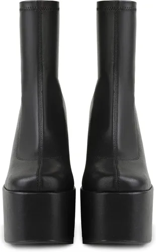 Miniatura 4 de Easyfox Platform Boots for Women Mid Calf Chunky High Heels Ankle Booties Slip on Round Toe Elastic PU Leather Short Boots