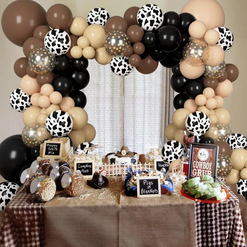 Miniatura 6 de Kit de Arco de Guirnalda de Globos de Vaquero Occidental de 170 Piezas, Globos de Confeti Negro y Marrón con Estampado de Vaca para Granja