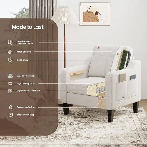 Miniatura 9 de Silla de acento para sala de estar, sillón moderno tapizado en lino, silla de sofá lateral de tela con estructura de madera con mesa plegable, 2