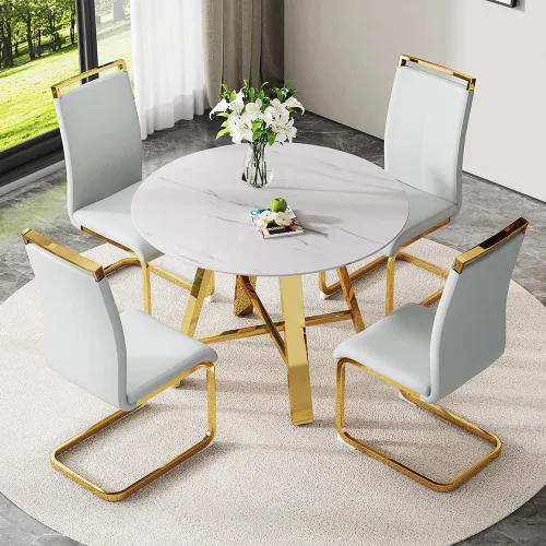 Miniatura 12 de Juego de 4 sillas de comedor redondas de 42 pulgadas para 4, sillas de mesa de cocina modernas para 4 mesas de comedor de mármol sintético, sillas