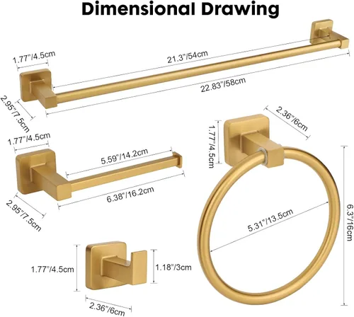 Miniatura 8 de Juego de 5 piezas de accesorios de baño de oro cepillado, juego de barra de toalla de mano de acero inoxidable de 60 cm dorado, soporte de papel