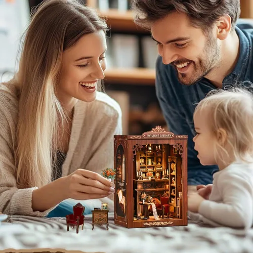 Miniatura 9 de Kits de rincón de libros para adultos, rompecabezas de madera 3D para casa de muñecas, estantería en miniatura para casa de muñecas, decoración