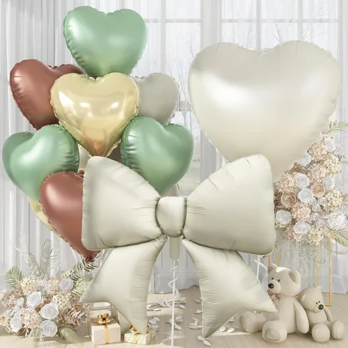 Miniatura 16 de Globos de Corazón Beige Neutro de 30", Globos de Papel de Aluminio con Lazo Grande, 10 Piezas de Globos Gigantes de Lazo Crema de 38" con Juego