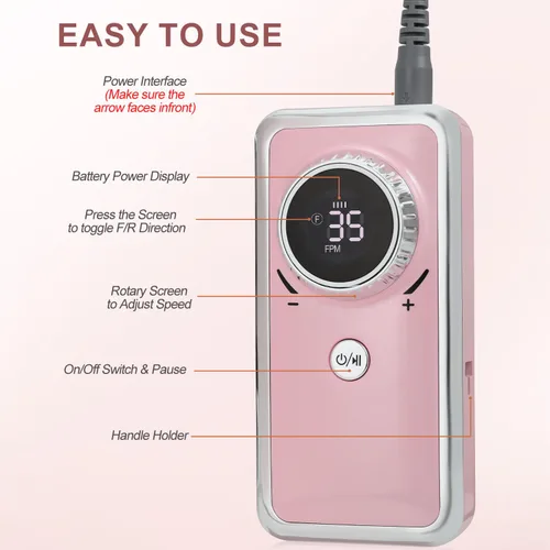 Miniatura 8 de Taladro de uñas eléctrico profesional, 35,000 rpm, taladro de uñas portátil Efile con 11 brocas de uñas, máquina de taladro de uñas recargable