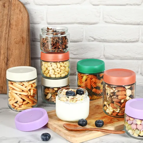 Miniatura 2 de Hoa Kinh - Tarros de almacenamiento de alimentos de vidrio con tapas, 10 onzas, paquete de 4 tarros pequeños de vidrio a prueba de fugas para avena