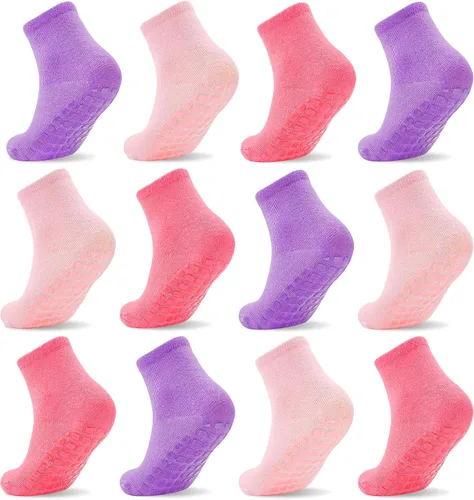 SkiBeaut Calcetines antideslizantes para niños pequeños con agarre, paquete de 12 calcetines antideslizantes para niños de 1 a 7 años