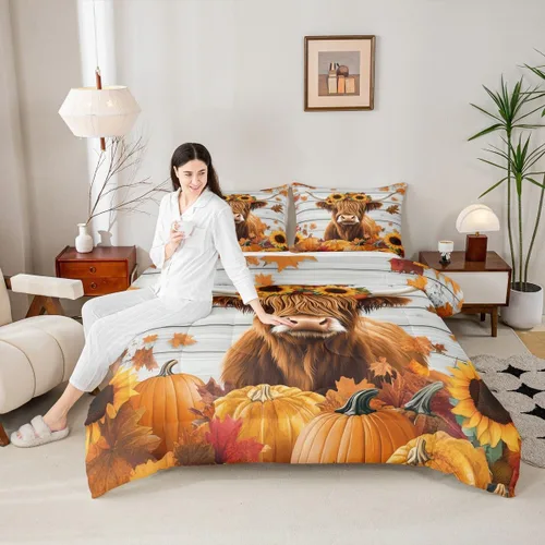 Miniatura 2 de Erosebridal Juego de edredón individual de pavo de Acción de Gracias, juego de ropa de cama de calabaza con hojas de otoño para niños y adultos