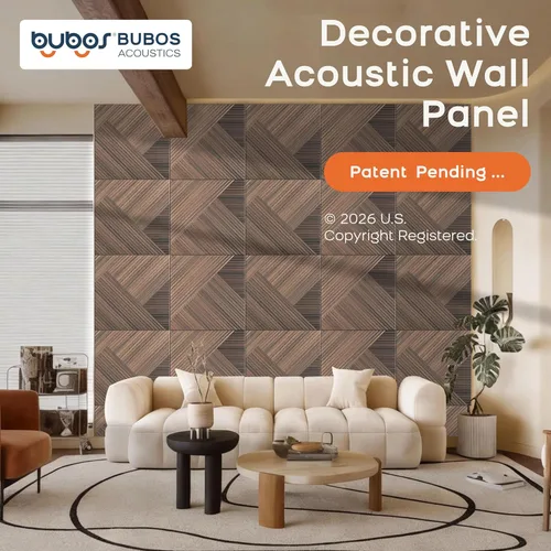 Miniatura 2 de BUBOS Paquete de 6 paneles de pared de madera acústica, paneles absorbentes de sonido de 23.6 x 23.6 pulgadas con respaldo adhesivo completo, Rojo