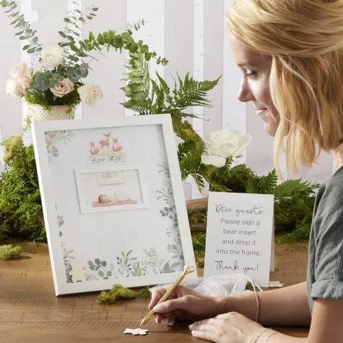 Kate Aspen Woodland, tamaño único, libro de invitados de baby shower alternativo con inserciones de oso de peluche de madera