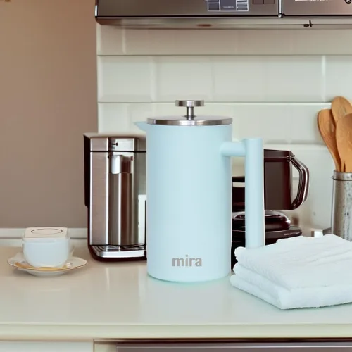 Miniatura 5 de MIRA Prensa francesa aislada de 20 onzas, cafetera y té de acero inoxidable, cafetera con control de temperatura de doble pared, color azul perla