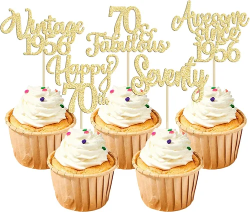 30 piezas de adornos para cupcakes vintage de 1955 con purpurina, setenta, feliz 70 cumpleaños, 70 fabulosas púas para cupcakes, brindis a 70 años